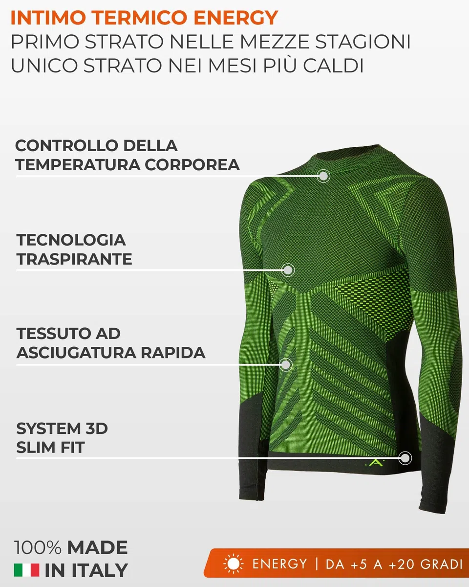 Risalti Lupetto Maglia Termica Uomo Collo Alto Energy - Maglia Tecnica Uomo Manica Lunga, Traspirante, Compressione, Intimo Termico Senza Etichette, Sci, Trekking, Running, Ciclismo - Made in Italy
