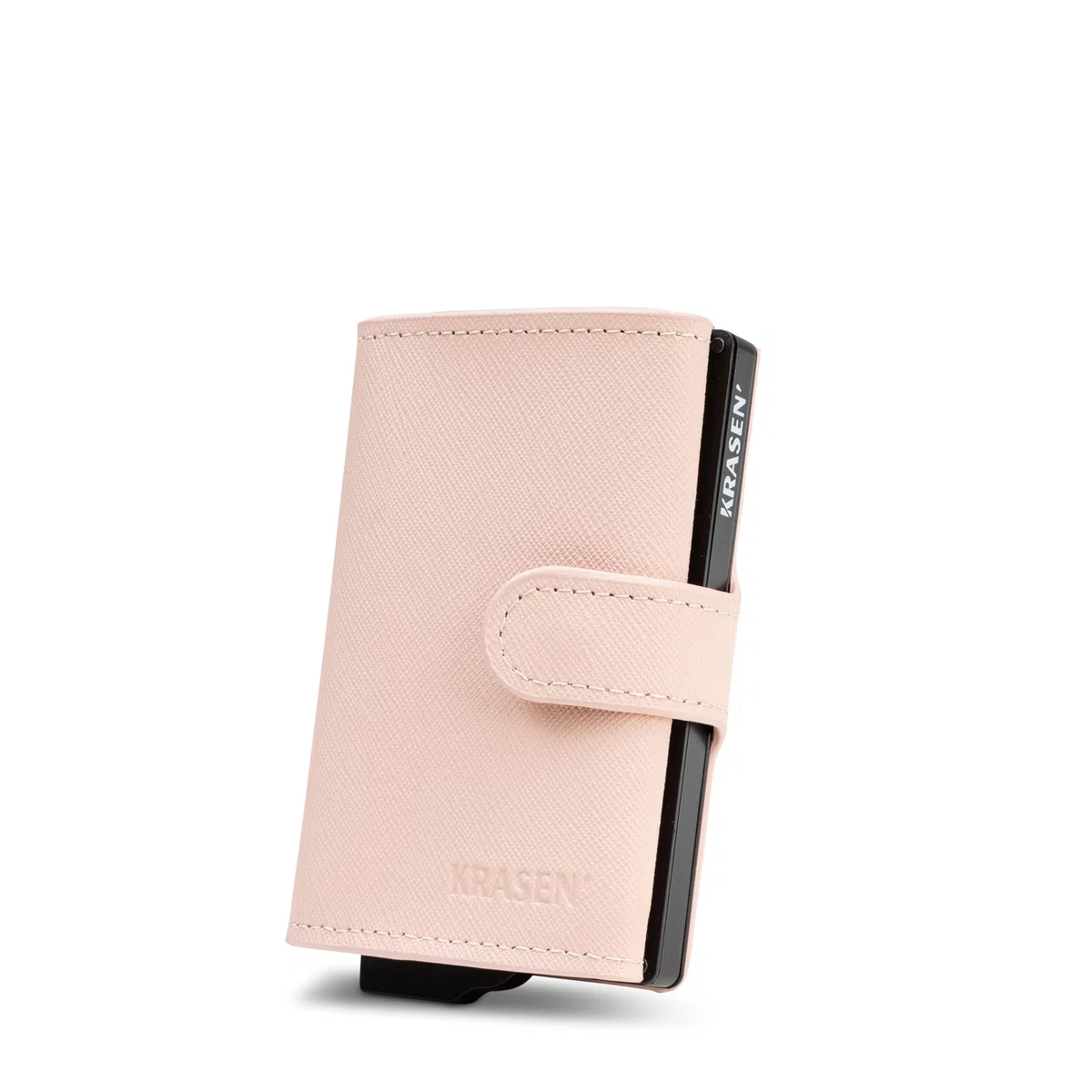 KRASEN' - Portafoglio e Porta Carte Saffiano Rosa con Sistema Anti-Clonazione, Scatoletta in Alluminio Assemblata a Mano, Bottone e Cerniera Porta Monete