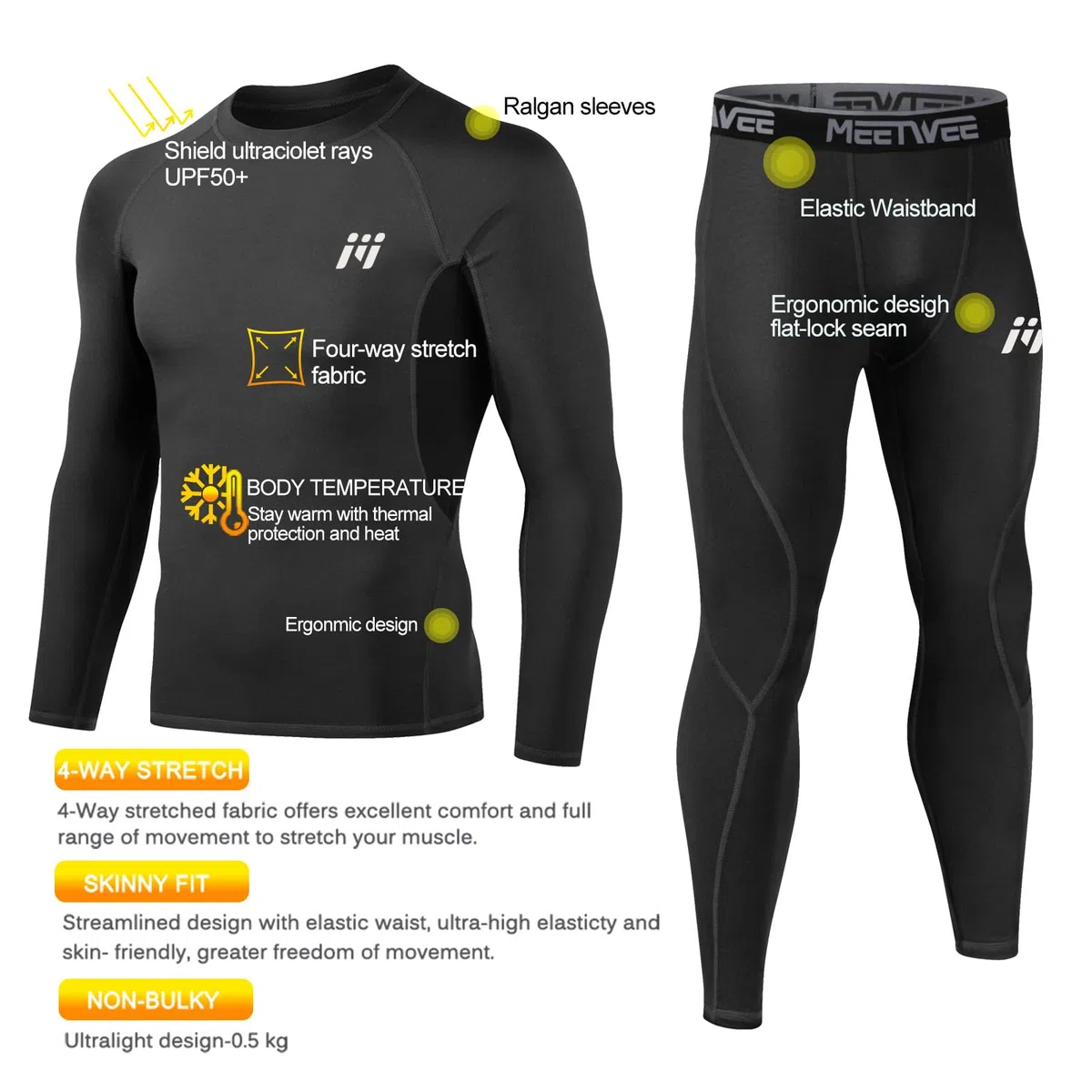 MEETWEE Set di Biancheria Intima Termica da Uomo, Maglia a Maniche Lunghe con Strato di Base Sportivo e Pantaloni ad Asciugatura Rapida, Tuta da Allenamento per Sci, Corsa ed Escursionismo