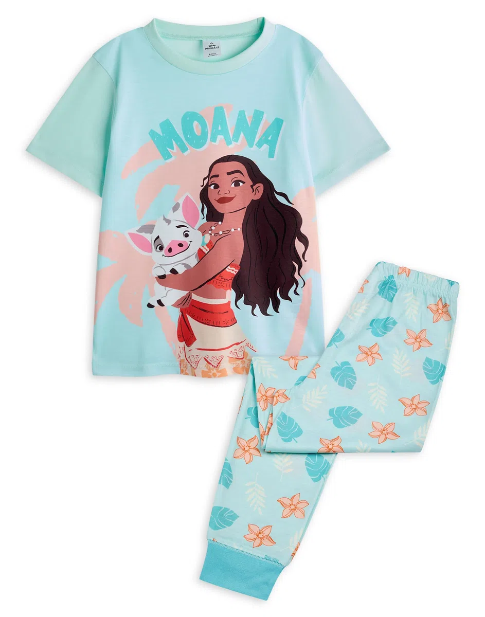 Disney Set Pigiama per Ragazze Moana | Top a Maniche Corte con Grafica dei Personaggi di Moana e Pua per Bambini e Pantaloni del Pigiama a Gamba Lunga in Blu | Indumenti da Notte con Stampa