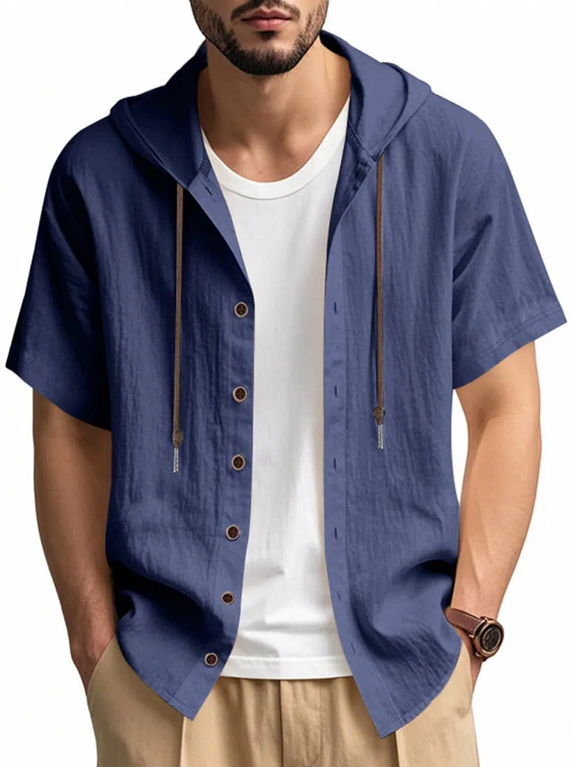 T-Shirt da Uomo in Lino a Maniche Corte con Cappuccio e Bottoni, Camicia in Lino, Cardigan con Cappuccio
