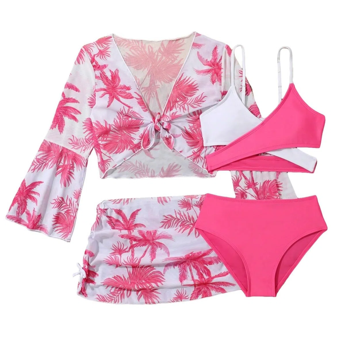 Generico Costume Da Bagno Quattro Pezzi Per Bambina Completo Con Top Mutandine Copricostume Pantaloni Da Spiaggia Ideale Per Vacanze Mare Piscina