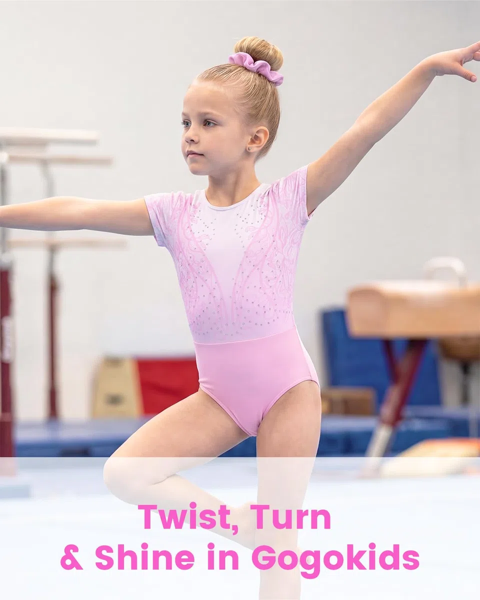 Gogokids Set da ginnastica da bambina con gonna, a maniche corte, con gemme scintillanti e stampa, 3 pezzi, per danza, yoga, performance, include elastico per capelli, età 3-12 anni