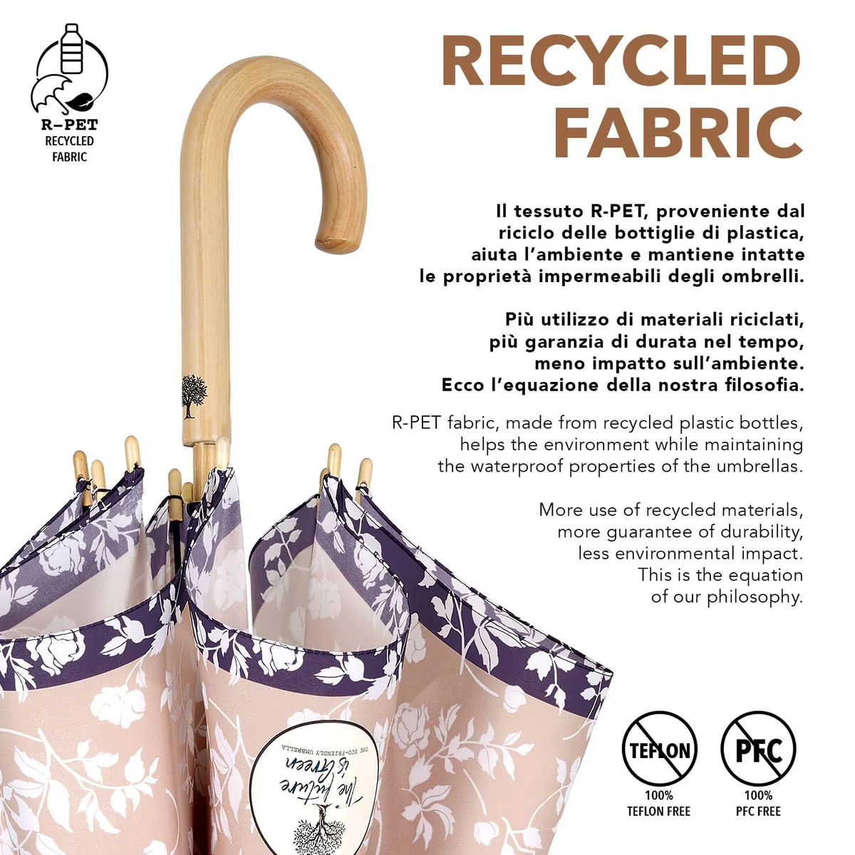 PERLETTI GREEN Ombrello Pioggia Ecosostenibile Tessuto Riciclato Donna Automatico - Manico in Legno Biodegradabile - Ombrello Classico Antivento Ecologico - Diametro 102 cm