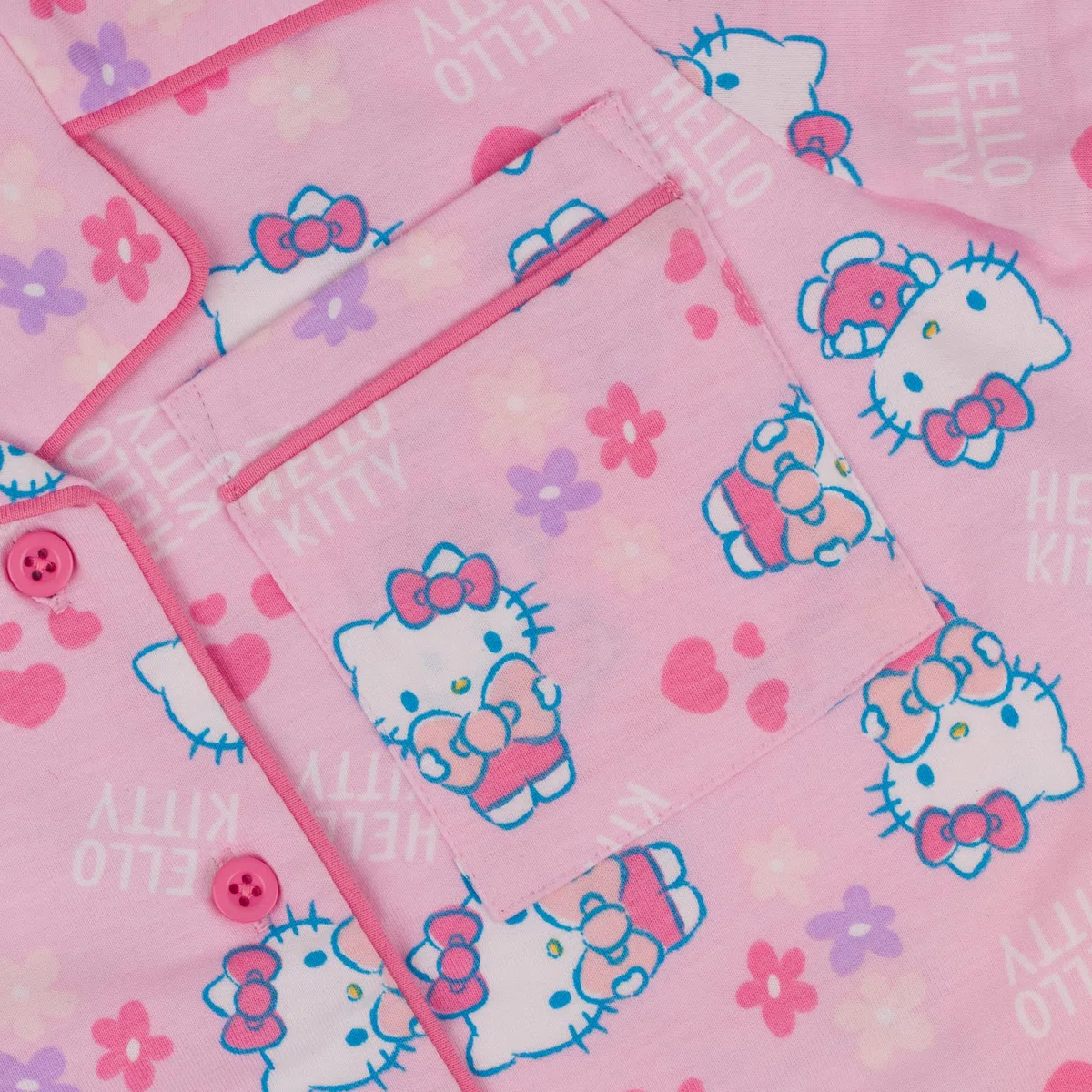 Hello Kitty, 100% Cotone con Bottoni Pigiama a Maniche Corte, Pink, Rosa