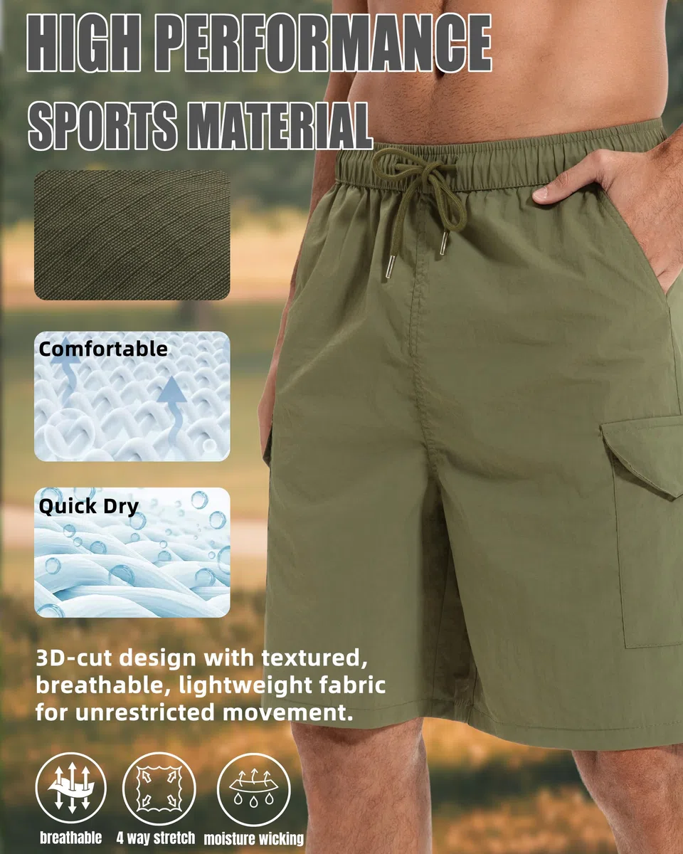 AMZSPORT Pantaloncini Trekking Cargo da Uomo Leggeri Asciugatura Rapida Bermuda Shorts Cintura Elastica 5 Tasche con attività All'aperto, Tempo Libero e Ciclismo