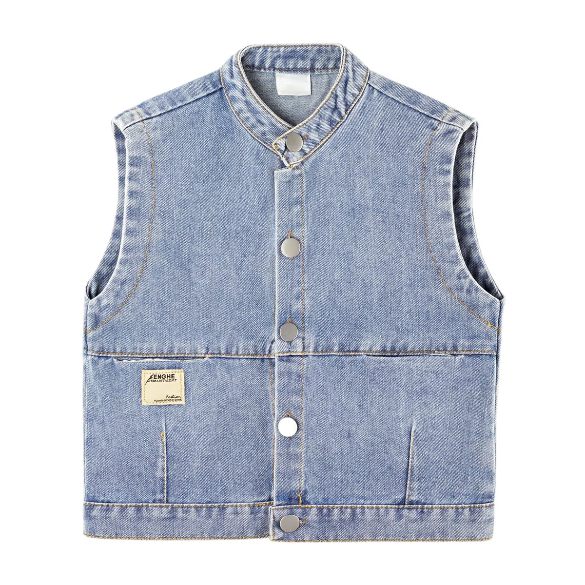 Bambino Denim Gilet Primavera Autunno Senza Maniche Giacca Ragazzi Ragazze Colletto Rialzato Top Tinta Unita Classico Casual Bottone Capispalla