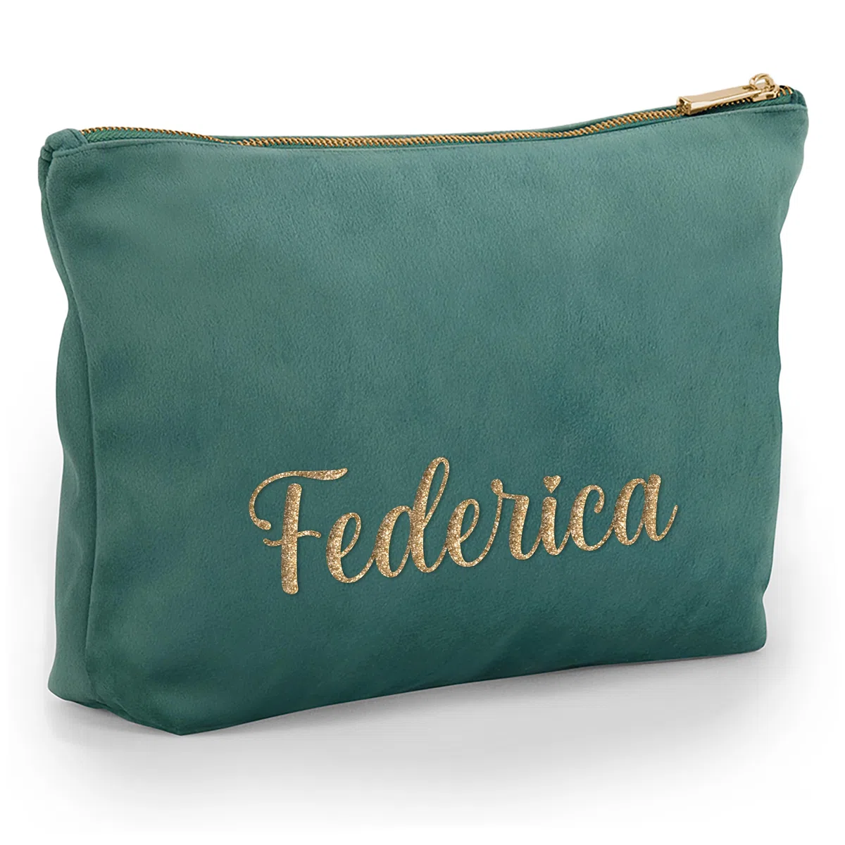 Pochette in Velluto Personalizzata con Nome Iniziali Testo - Borsa per Trucchi, Cosmetica, da Viaggio, con Cerniera - Idea Regalo Personalizzata per Lei Donna (Verde giada, Grande)
