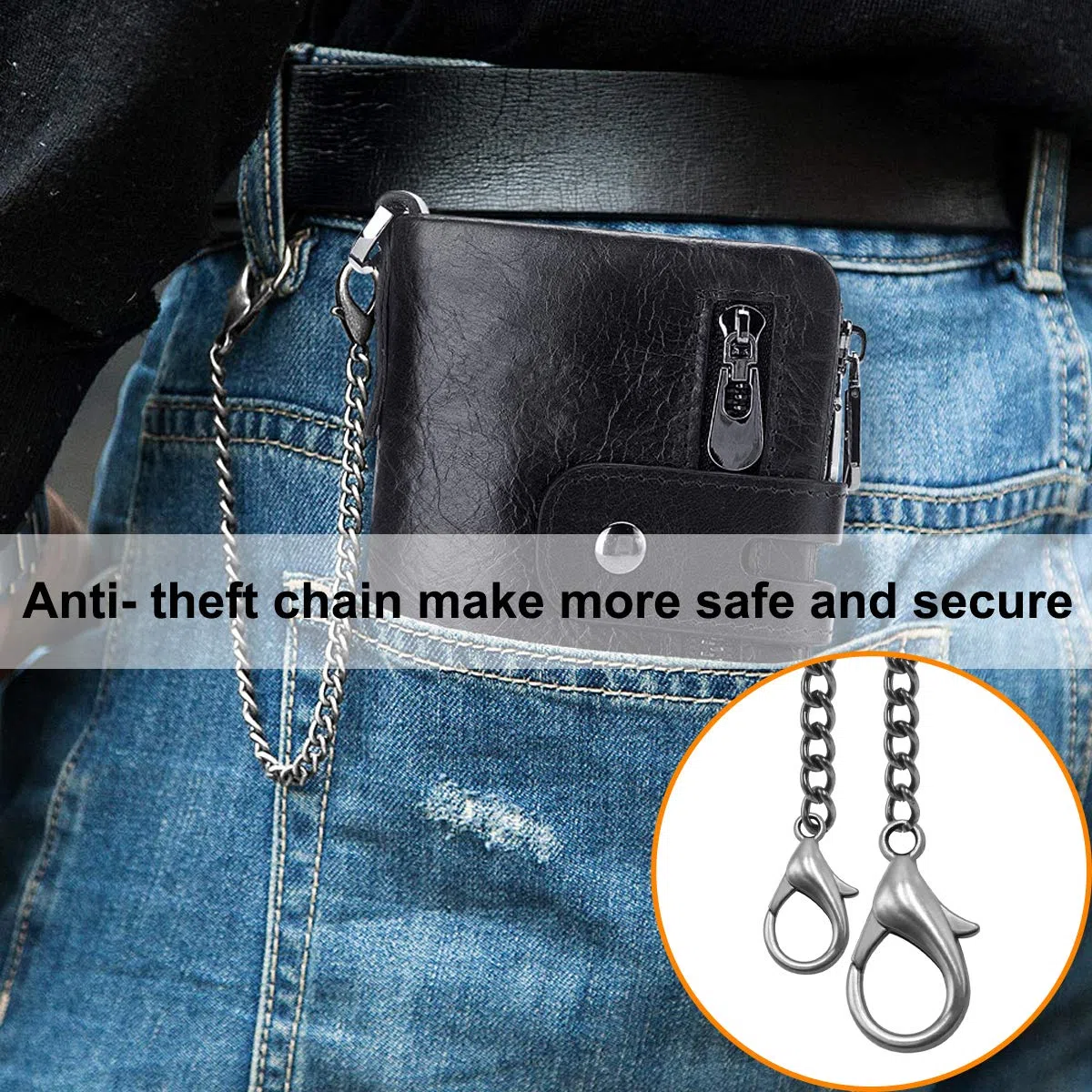 REETEE Portafoglio Uomo Blocco RFID Vera Pelle con Catena, Cerniera Portamonete 16 Porta Carte di Credito Bifold Verticale (nero)