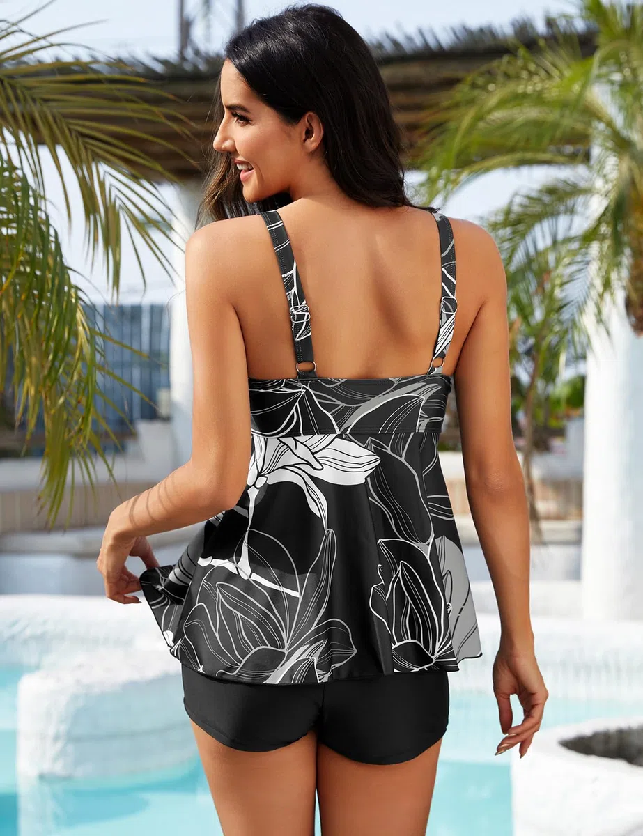 Nadeer Costume da Bagno Donna Due Pezzi Sexy Tankini Set Scollo a V Coulisse Push up Costumi da Mare Stampa Floreale con Pantaloncino