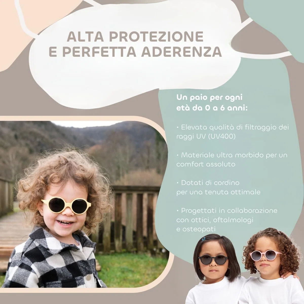 BÉABA Occhiali da Sole Bambino 9-24 Mesi – Protezione 100% UV Categoria 3, Schermo Laterale, Comfort Ottimale, Astine Regolabili 360°, Adattabili alla Vista – Collezione Joy Verde Grigio