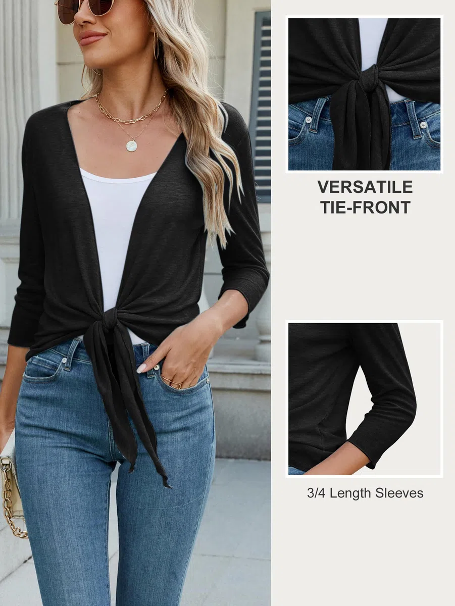 Famulily Cardigan trasparente coprispalle per le donne manica a 3/4 cravatta anteriore estivo leggero copre ups