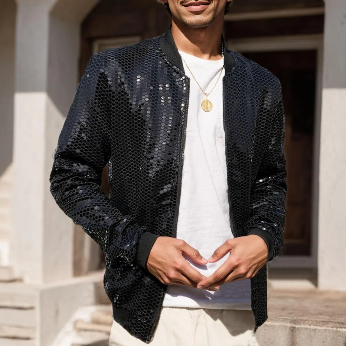 Bomber da uomo con paillettes – Giacca sottile glitterata con colletto alto e chiusura lampo | Elegante vestito da festa per occasioni speciali o eventi