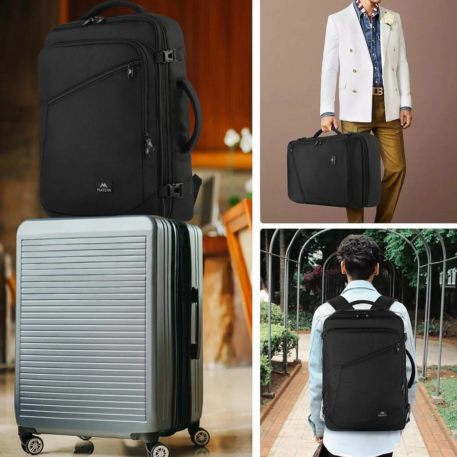 MATEIN Zaino Ryanair 40x30x20, Espandibile Zaino 40x30x20 per Uomo e Donna, 24L Zaini da Viaggio, Multitasche Bagaglio a Mano Aereo Compatto, Leggero Travel Bag per Ryanair, Wizz Air, Easyjet, Nero