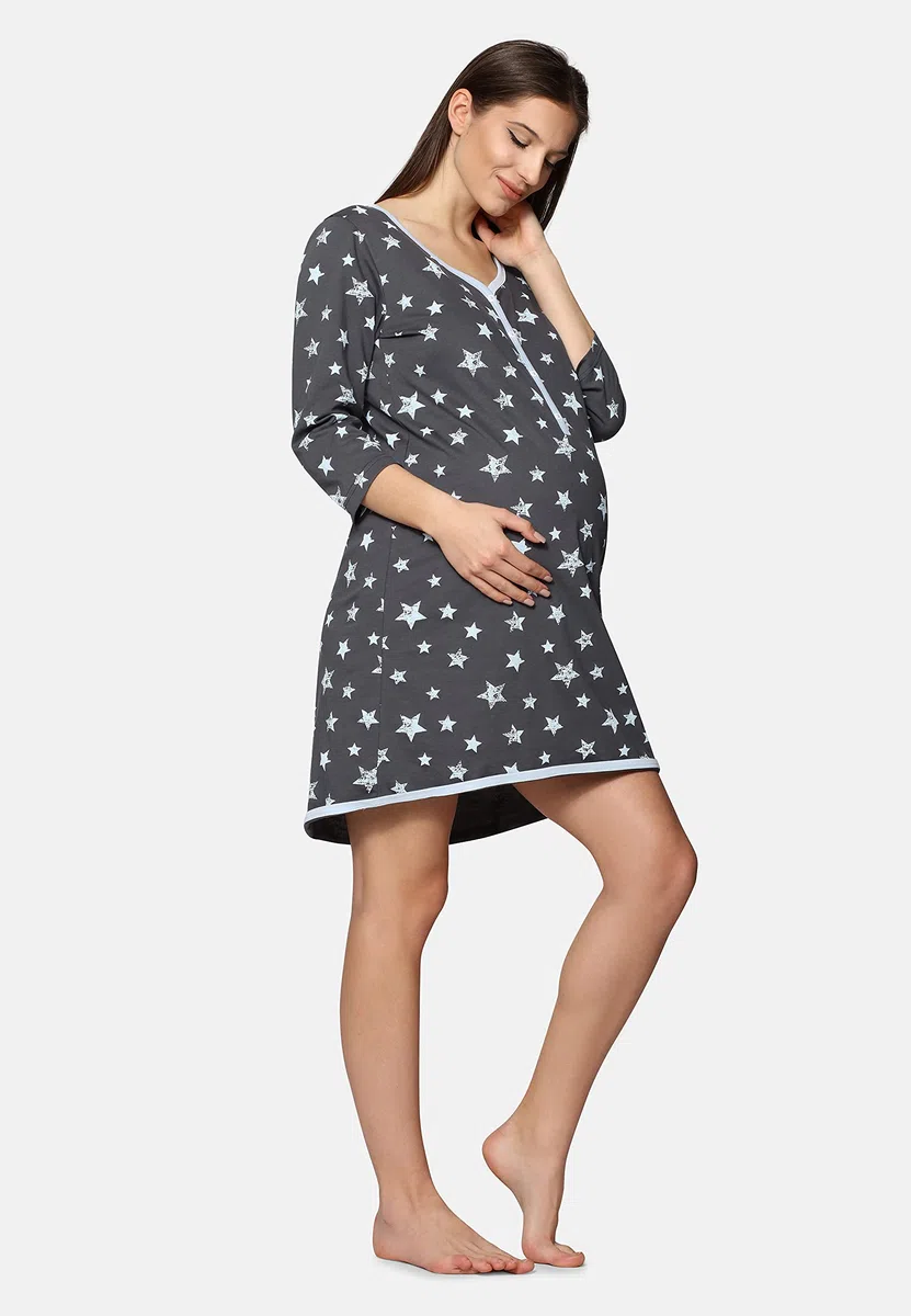Be Mammy Camicia da Notte Premaman Funzione Allattamento BE20-176 (Grafite Stelle Blu, XL)