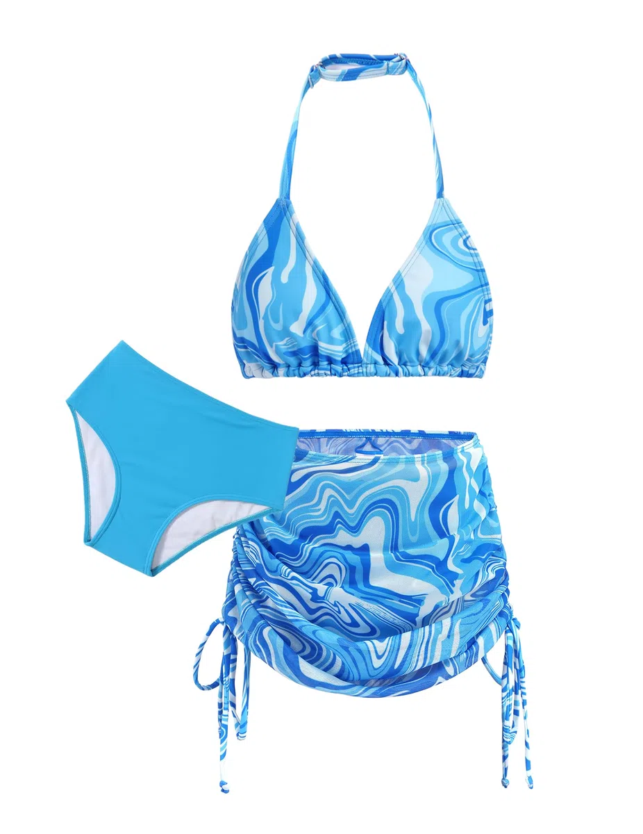 Arshiner Bikini da bambina, 3 pezzi, con allacciatura al collo, costume da bagno con gonna estiva, stampa floreale, per bambine 7-15 anni