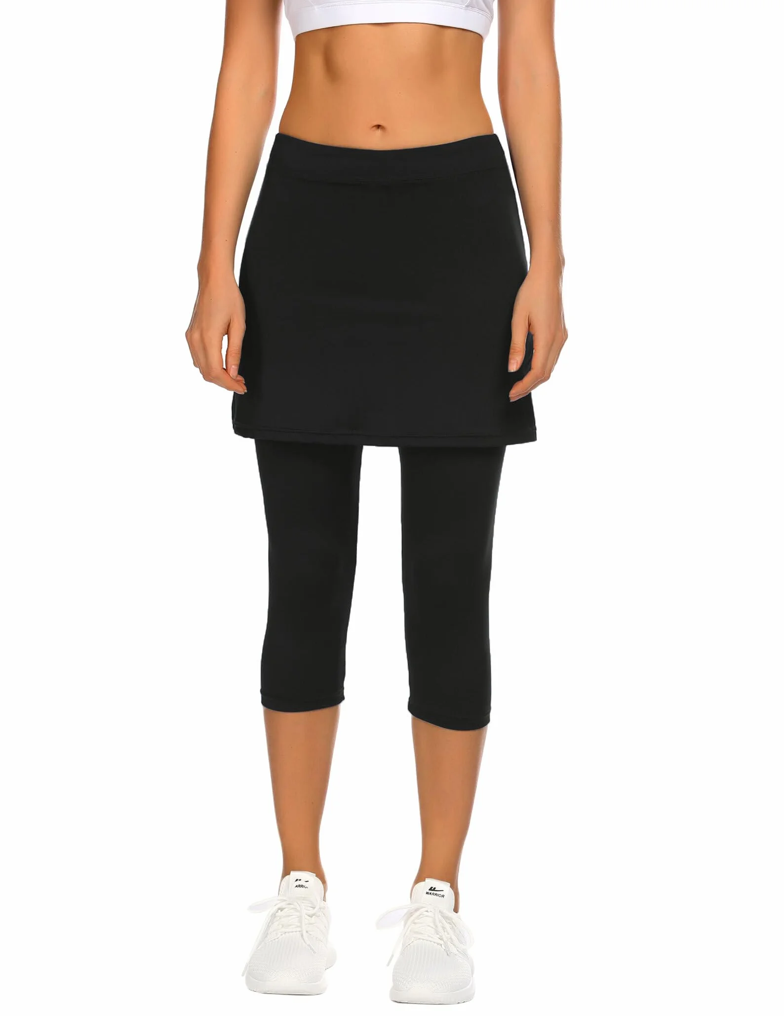 PINSPARK Gonna da Tennis da Donna, Gonna a Vita Alta con Pantaloncini sotto, Pantaloni a Culottes Lunghi Fino al Ginocchio, Gonna da Corsa 2 in 1 Pantaloni da Yoga con Tasche e Porta per Le Cuffie