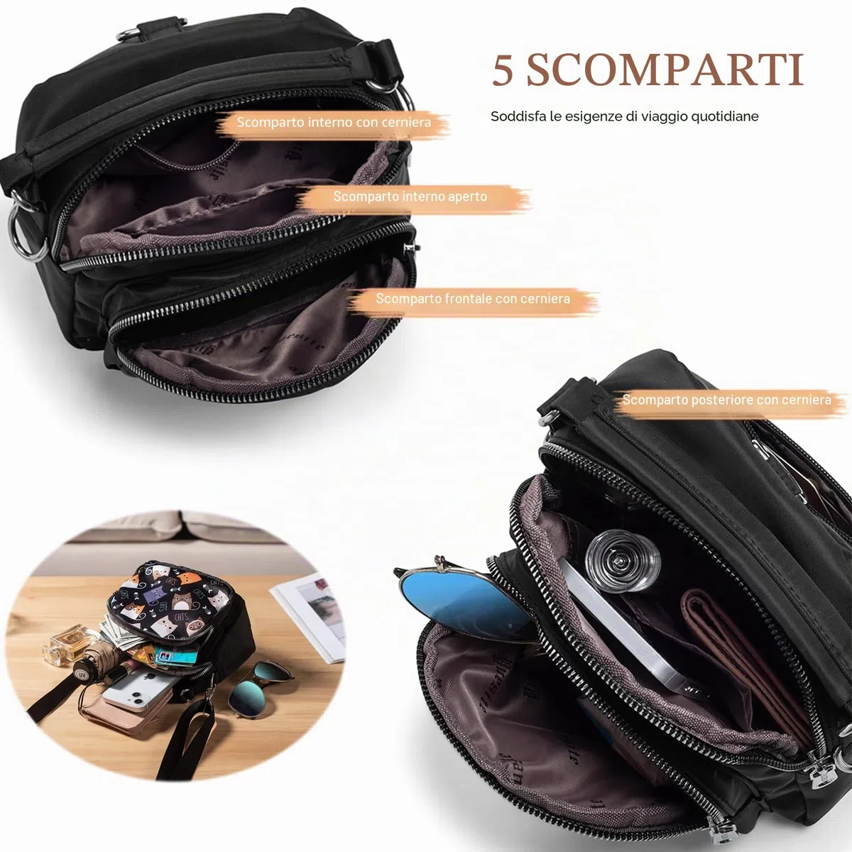 Borsa Donna Tracolla in Nylon, Borsetta Tracolla Donna Piccola con Gatti, Borsa Tracolla Donna Multitasche, Crossbody Bag con Maniglia, Funzionale Borsa da Viaggio Passeggiate