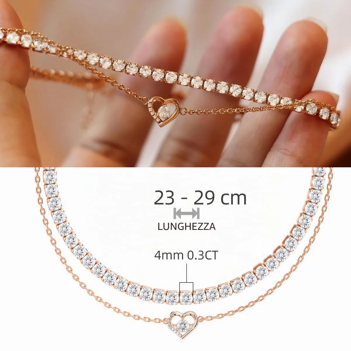 Ghirlanda per caviglia a stile tennis con moissanite, diamanti coltivati in laboratorio da 4mm, argento placcato spessore con oro rosa 18K, ghirlanda per caviglia d'oro regolabile, regalo di gioielli