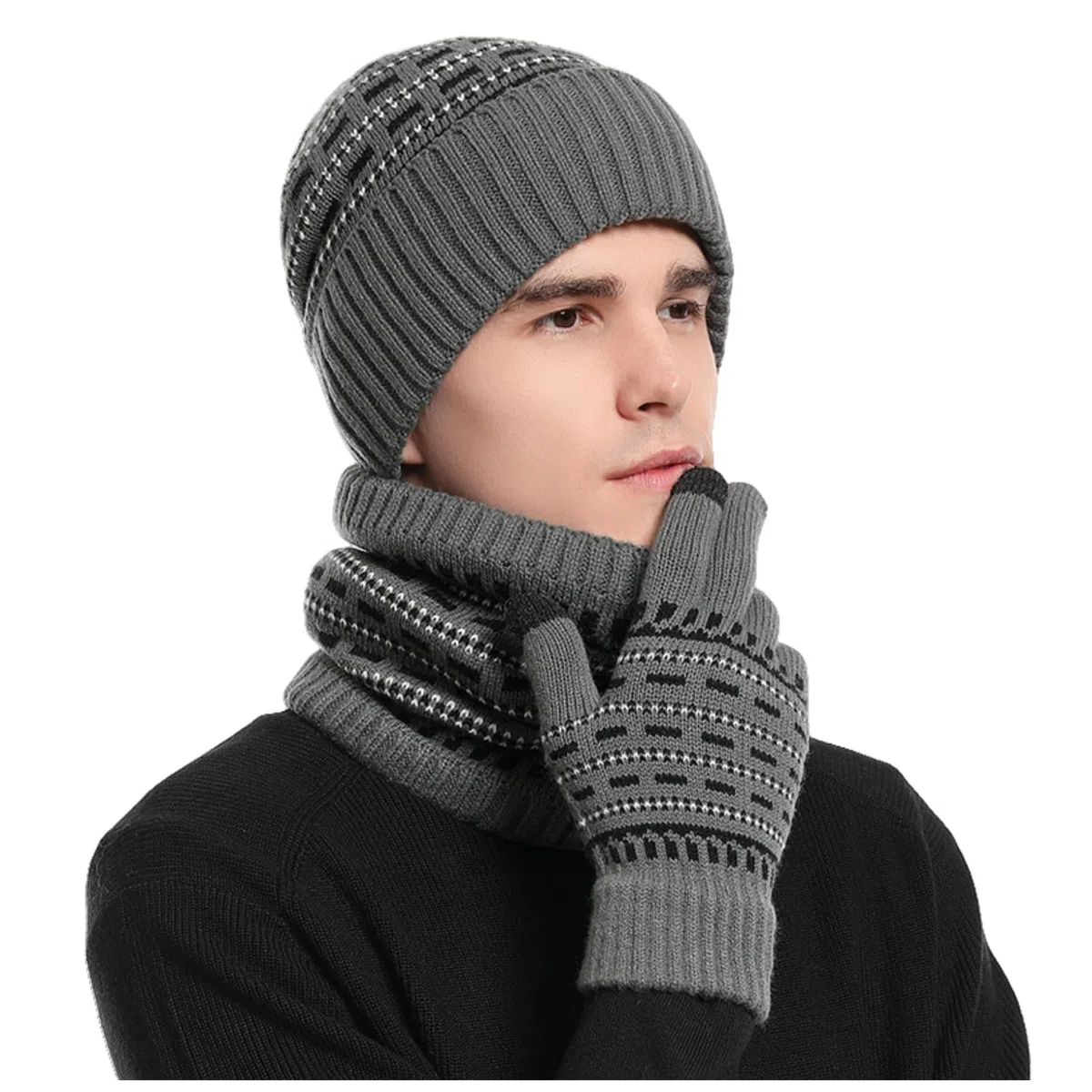 Cappello Sciarpa e Guanti Set Guanti da Uomo Touch Screen Berretto Foderato in Pile Elasticizzato Cappello Sciarpa Inverno Termico 3 PZ Set Regalo per Uomo