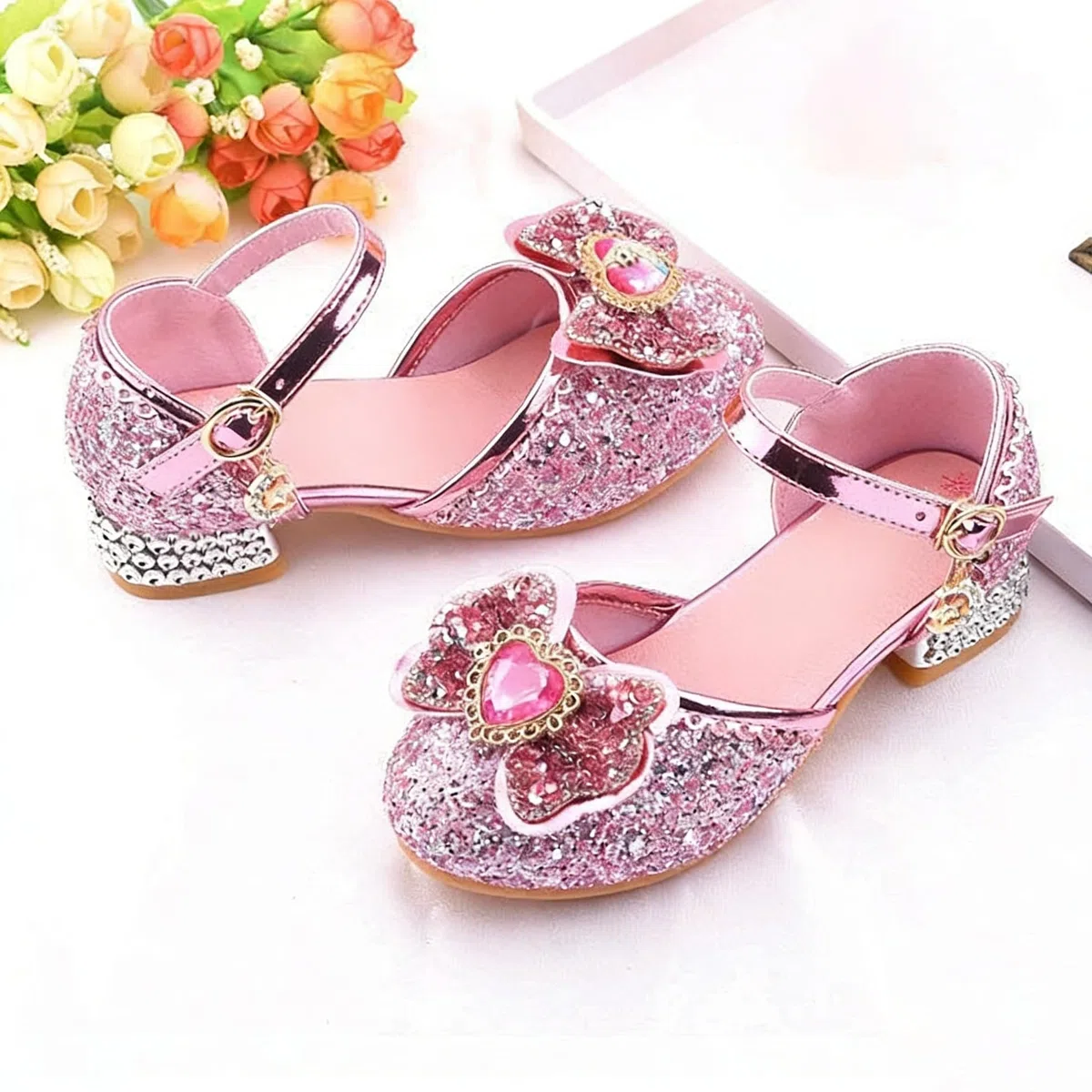 Scarpe Principessa Bambina Scarpe Tacco Bimba Glitterate Scarpe in Pelle per Ragazze Performance Scarpe di Cristallo Eleganti