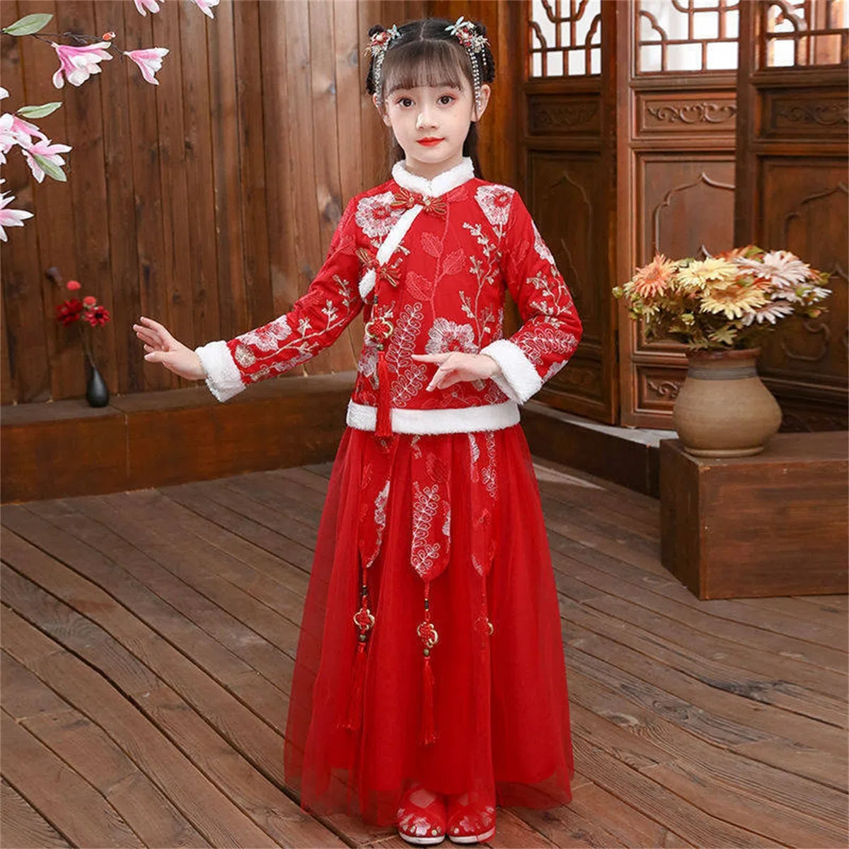 Bambino bambini bambino bambino fata canapa pile foderato caldo cappotto giacca top per Capodanno cinese principessa tulle gonne ricamo tang tuta prestazioni costumi abito 128