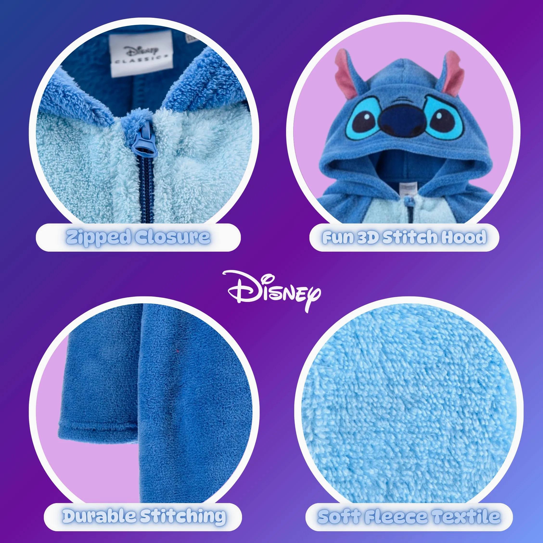 Disney Stitch Pigiama per Ragazze, Pigiama Intero in Morbido Pile con Cappuccio 3D per Bambina, Taglie 3 a 8 Anni