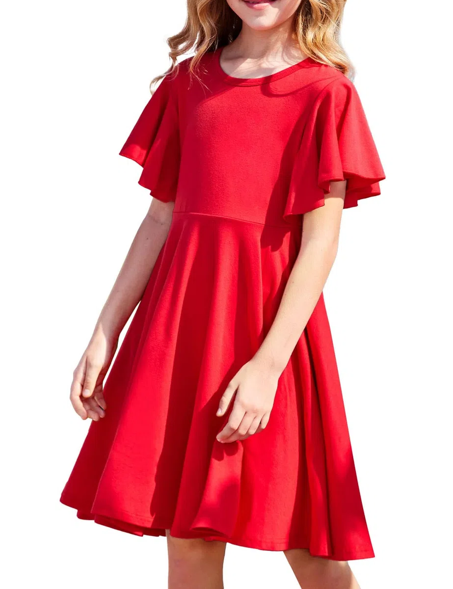 Arshiner Abito da Bambina con Maniche a Farfalla, Svasato, Scollo Rotondo, Estivo, in Cotone, per Feste, Matrimoni, Abbigliamento Casual per Bambini, con Tasca, 5-13 Anni