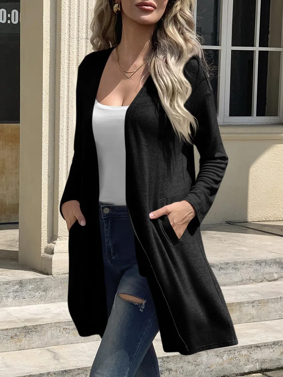 Fisoew Cardigan da donna, aperto, a maniche lunghe, leggero, lavorato a maglia, lungo, con tasche