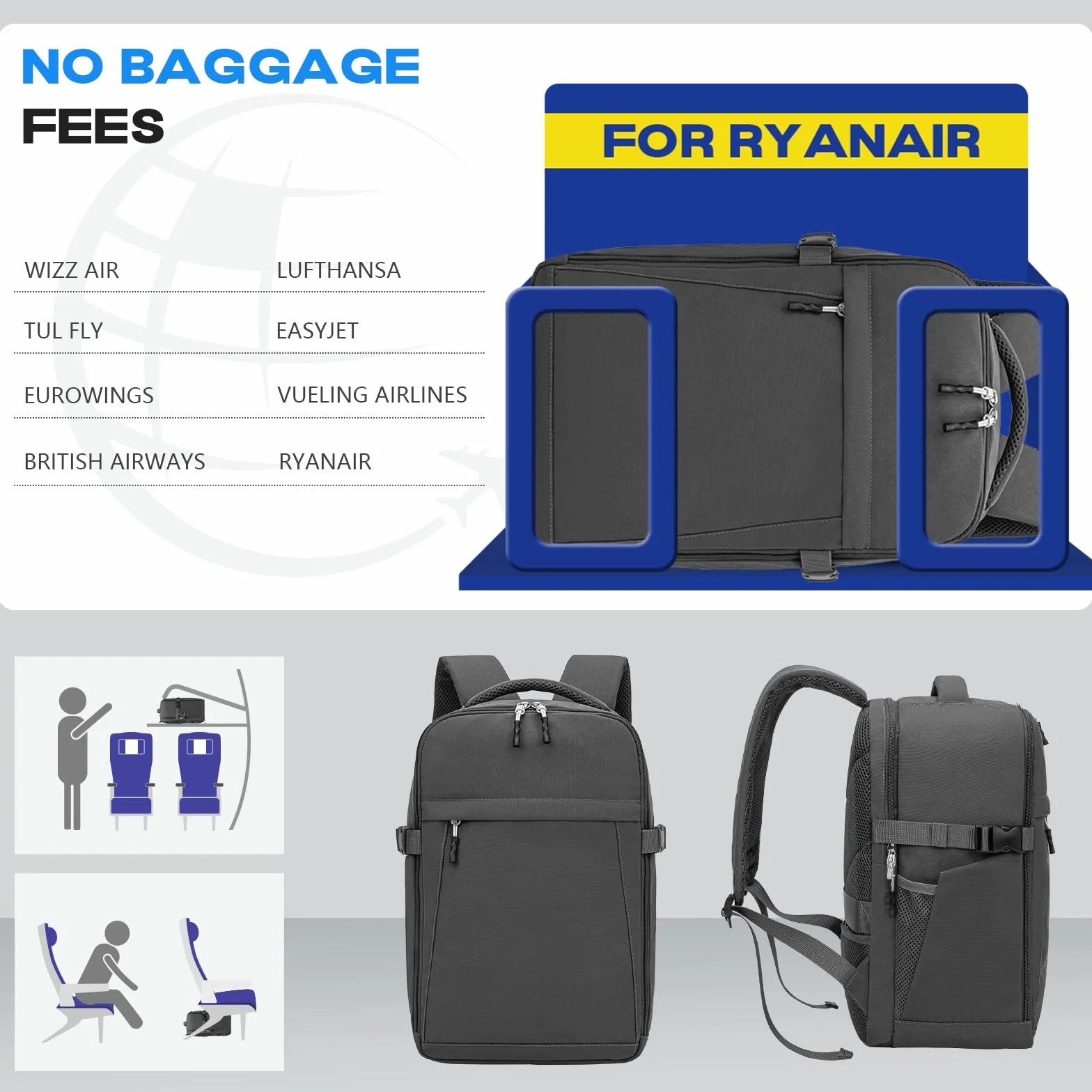 Xkdoai Zaino 40x30x20 per Ryanair Bagaglio a Mano 40x30x20 Zaino da Viaggio Aereo Bagaglio a Mano Borse da Cabina Zaini per PC Portatili 14 Pollici con Borsa per Bottiglie