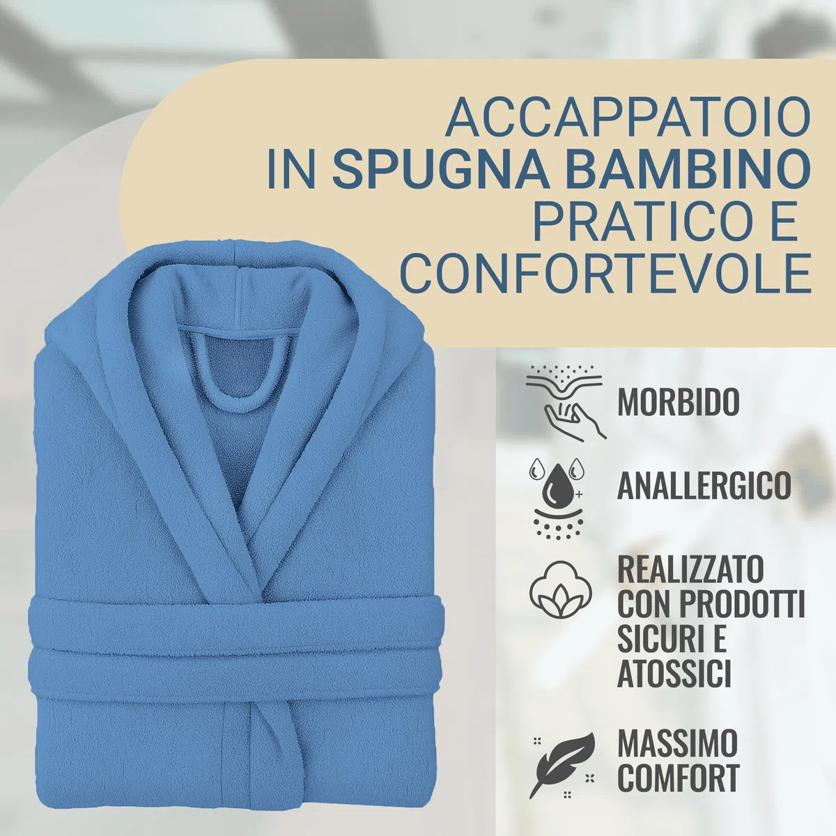 Dorian Home - Accappatoio Bambino e Bambina in Spugna con Cappuccio, Tasche, Cintura a Passanti e Gancio, 100% Cotone Traspirante Ipoallergenico - Morbido Durevole Assorbente per Piscina, Mare, Bagno