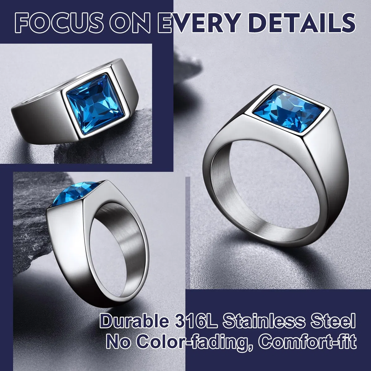 Bandmax Anello Uomo Donna in Acciaio Inossidabile, Anello Argento/Nero Uomo con Pietra Nero/Topazio Blu, 7-14 Misura Anello Ragazzo, Confezione Regalo