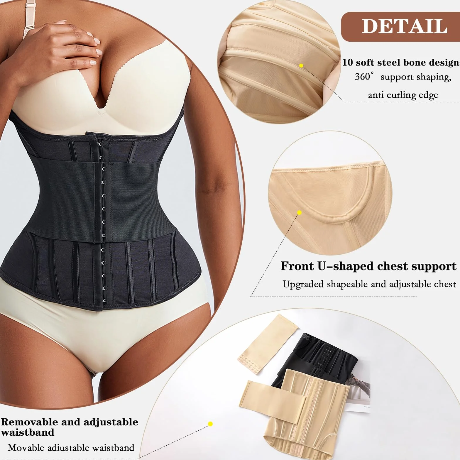 Corsetto Donna Modellante con Doppia Chiusura, Waist Trainer Traspirante con 10 Stecche di Supporto, Fascia Snellente Post Parto per Allenamento, Ufficio e Uso Quotidiano