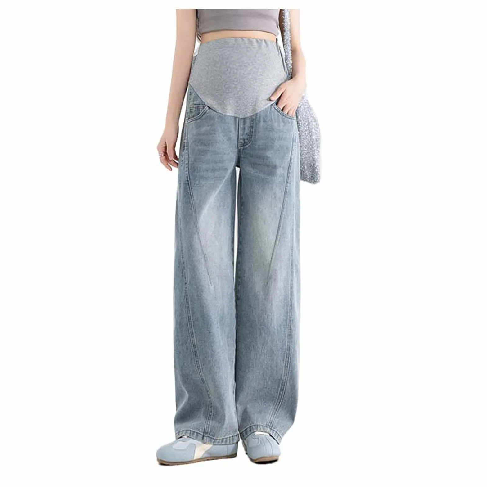 Jeans Premaman, Larghi, Casual, con Cintura Regolabile, Pantaloni alla Moda e pratici, Adatti a Ragazze sotto i 170 cm