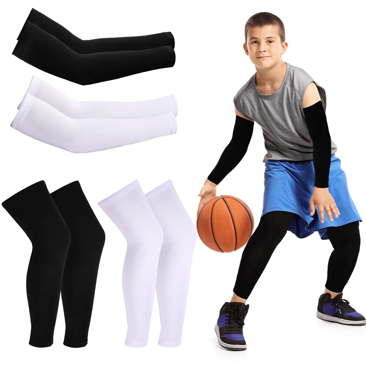 Manicotti a maniche corte per bambini, 2 paia di manicotti a compressione + 2 paia di protezioni per le ginocchia, a compressione, per ragazzi e ragazze, ciclismo, corsa, calcio