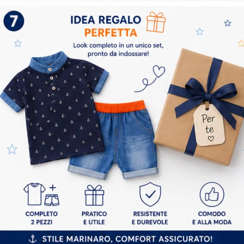 OrJana Completo Bambino 2 Pezzi, Polo con Ancore e Pantaloncini Jeans Leggeri Blu