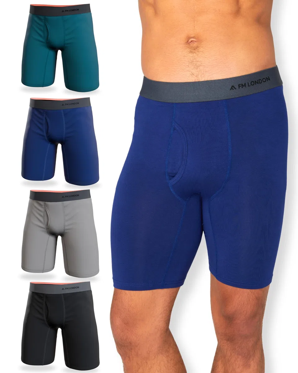 FM London Boxer Uomo Bamboo a Gamba Lunga Confezione da 4 - Boxer Uomo Lunghi Super Morbidi, Anti-Sfregamento, Traspiranti, con Apertura Frontale a Fessura