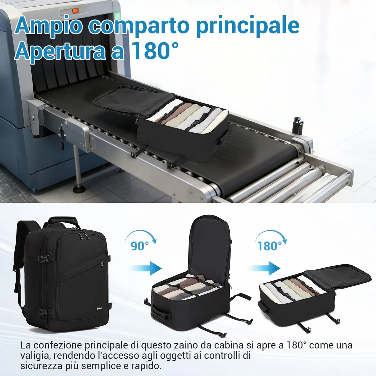 KONO Zaino Ryanair 40x30x20, Zaino da Viaggio e Bagaglio a Mano per Aereo, Zaino Porta PC con Apertura a 180° per Wizz Air e EasyJet (40 x 30 x 20 cm, Nero)