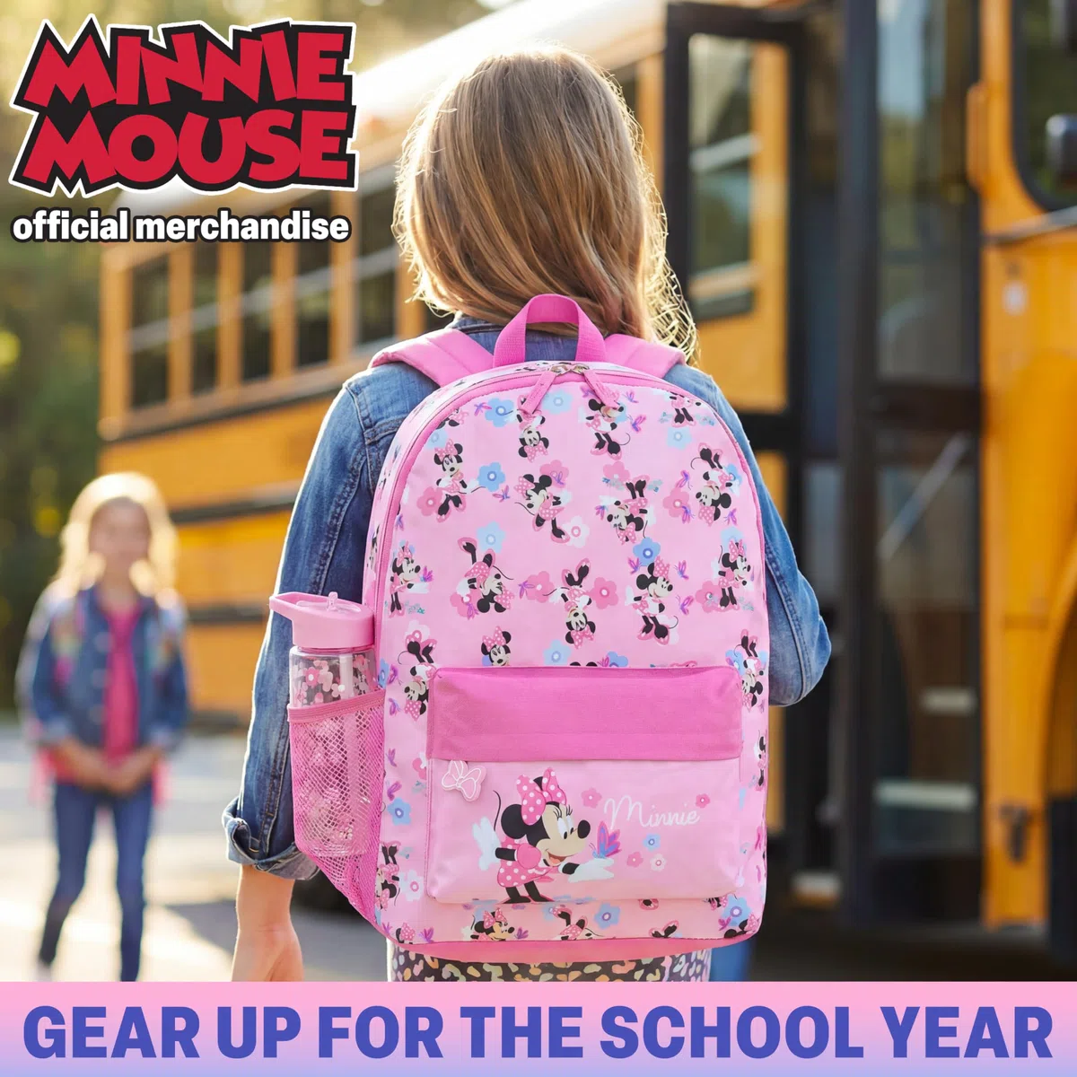 Get Trend Disney Minnie Mouse Zainetto Bambina Zip, Zaino Scuola Set con BPA Free Flip Top Borraccia con Cannuccia per Scuola (Rosa Minnie)