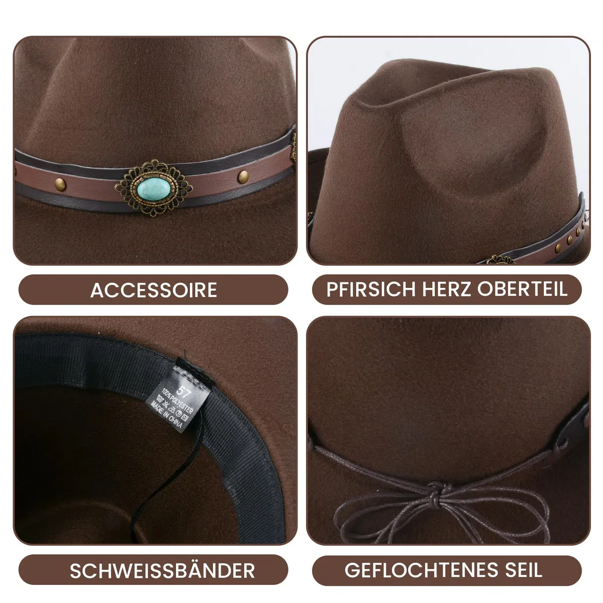2 cappelli classici in lana da cowboy per uomini e donne, autunno-inverno, stile occidentale, cappello in feltro con cinghia, design decorativo in zaffiro, per esterni (caffè+nero)