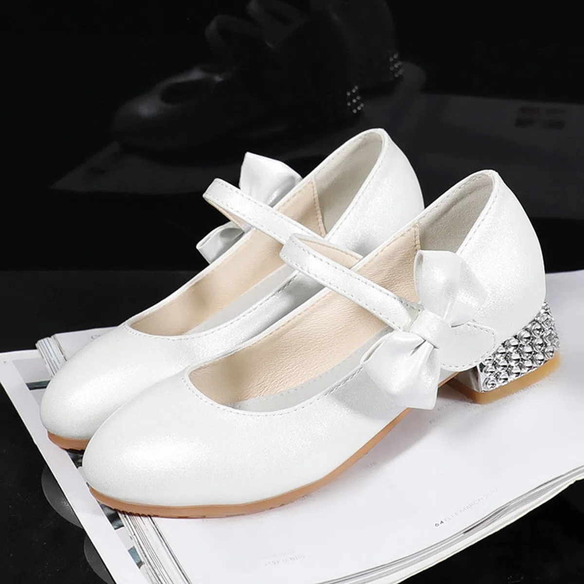 Scarpe da bambina per bambini, con tacco a spillo tinta unita, da principessa, con strass, scarpe da ballo, scarpe da sposa, scarpe da comunione carine ed eleganti
