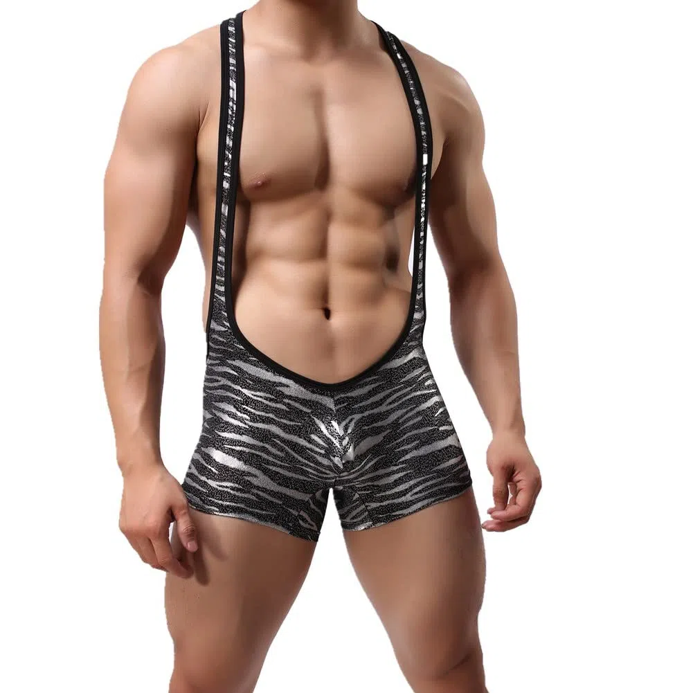 Uomo Bodysuit Wrestling Singlets Leopard Gym Underwear