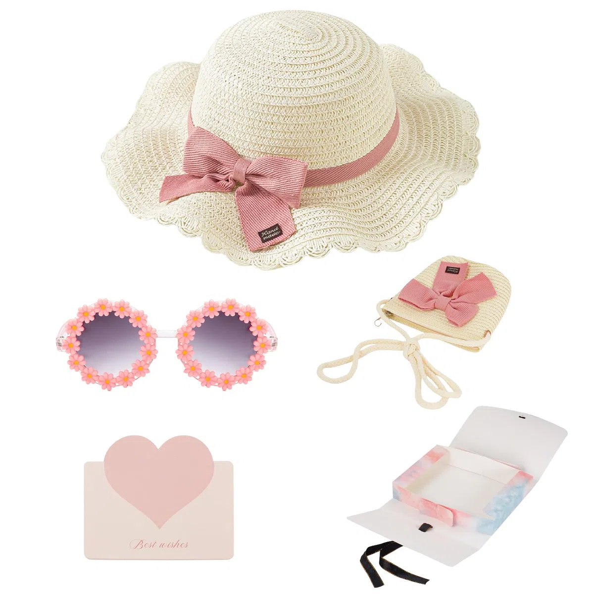 Set di Cappello da Sole per Ragazze,con Borsa e Occhiali da Sole,Cappello d'Estate per Bambini,per Vacanze,Spiaggia e attività Outdoor,Regali per la Giornata dei Bambini