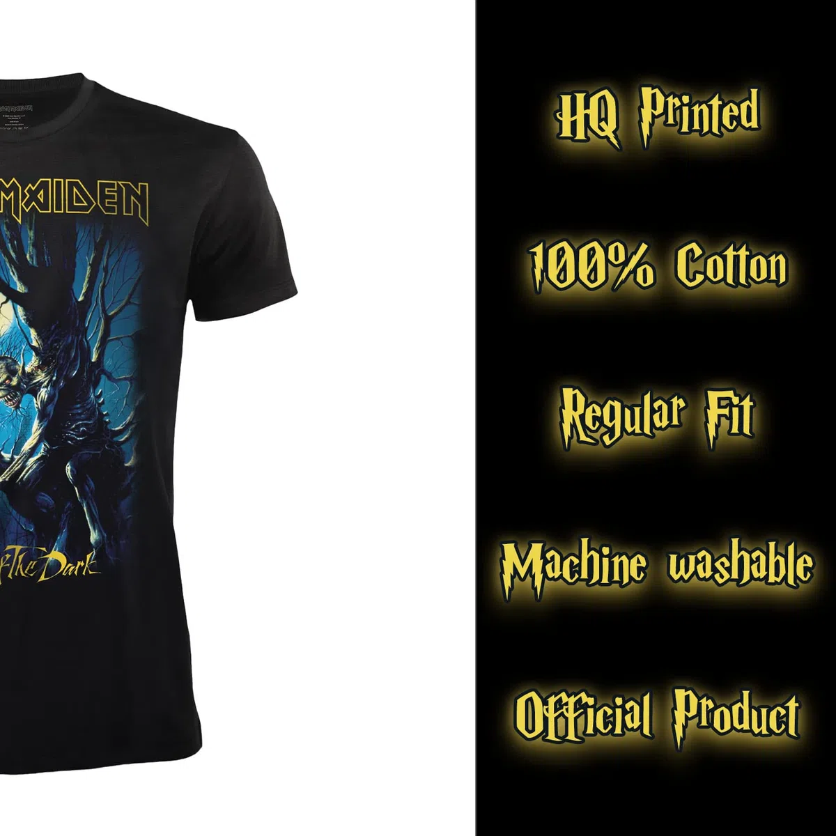 T-Shirt Iron Maiden Fear of The Dark. Maglietta Rock Ufficiale Nera. Band Heavy Metal. Cotone. Unisex. Adulto Ragazzo.