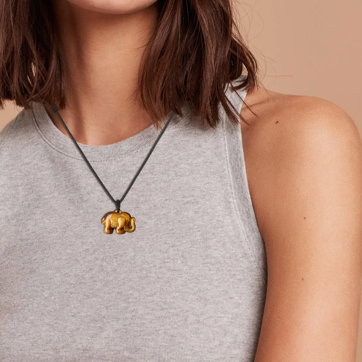 COAI Pendente Elefante in Pietra Dura Naturale Occhio di Tigre, Collana Pendente Unisex Laccio Regolabile