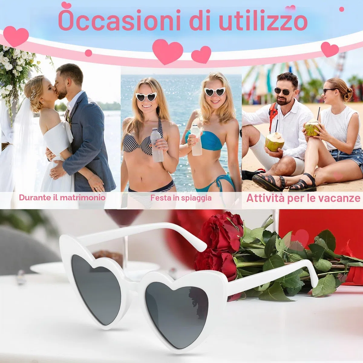 Confezione da 6/12/24/48 occhiali da sole vintage a forma di cuore occhiali da sole per addio al nubilato per donne festa di nozze