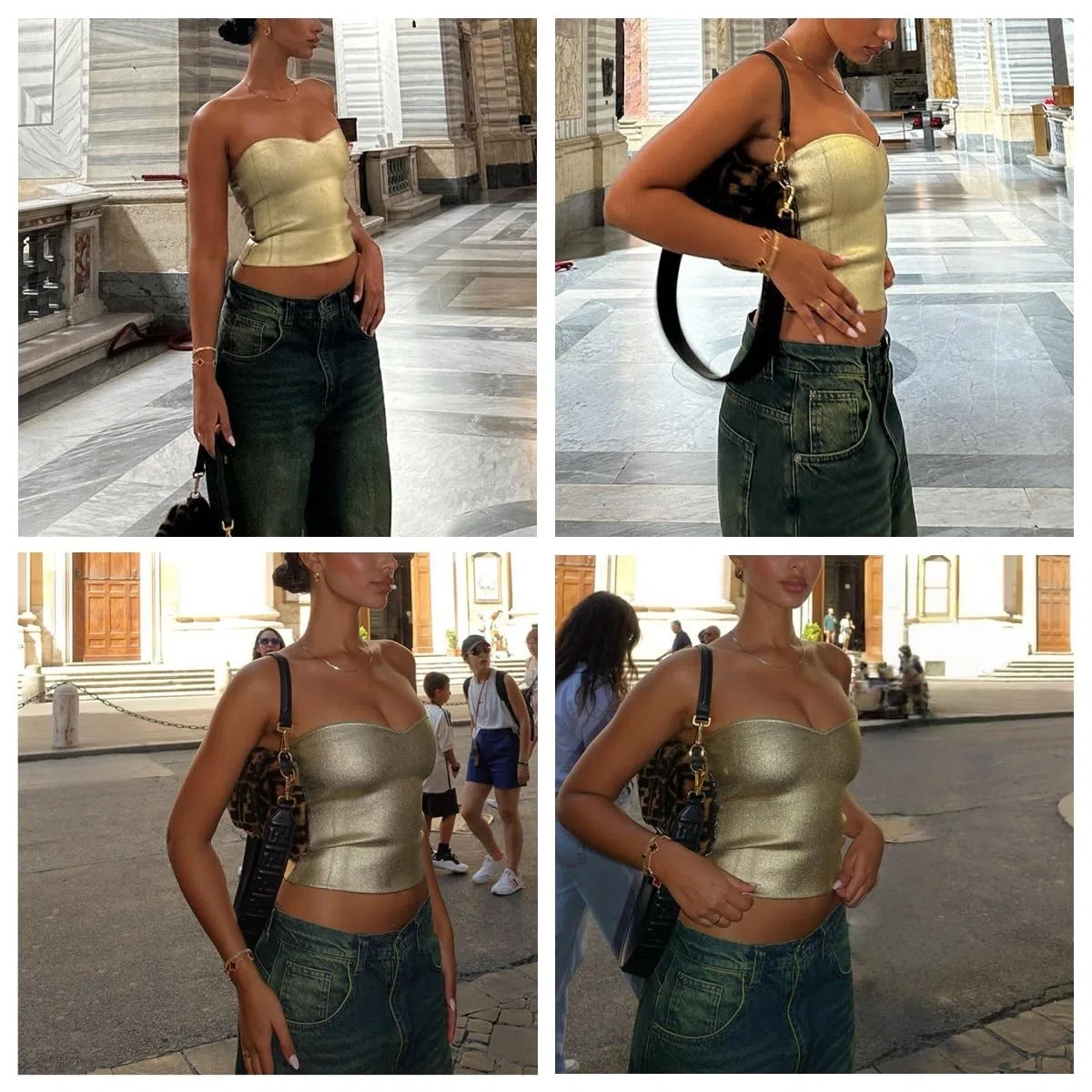 Donne Tops tubolari in PU,Tops bandeau senza spalline in pelle dorata, corpetti aderenti spalle nude, maglia metallici lucidi per feste club, maglia base casuali elasticizzati senza per rave festival