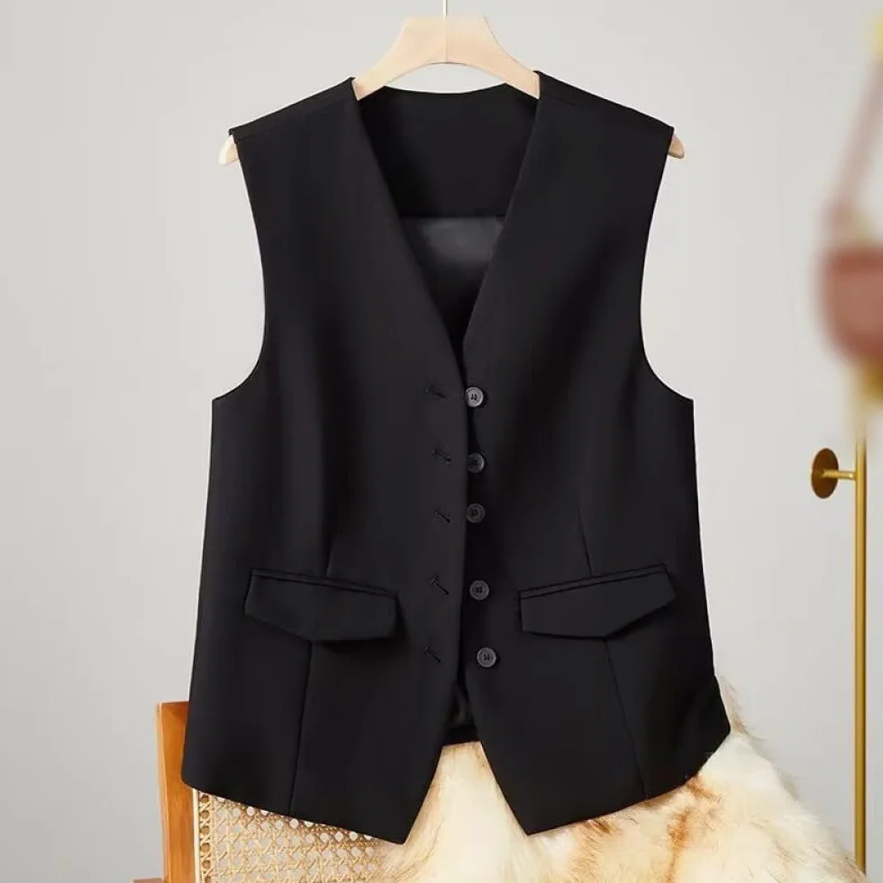 Gilet da donna, senza maniche, elegante e sottile, per lavoro e ufficio, stile retrò, scollo a V, colore nero, L, Nero