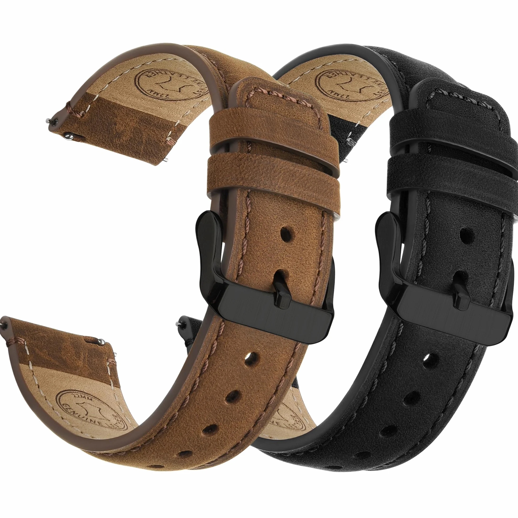 Fullmosa Cinturino in Vera Pelle 22mm e Sgancio Rapido, Cinturini Orologio per Uomo e Donna, 2 Pezzi Pelle Cinturino di Ricambio Compatibile con Smartwatch, Caffè&Nero con Fibbia Nero