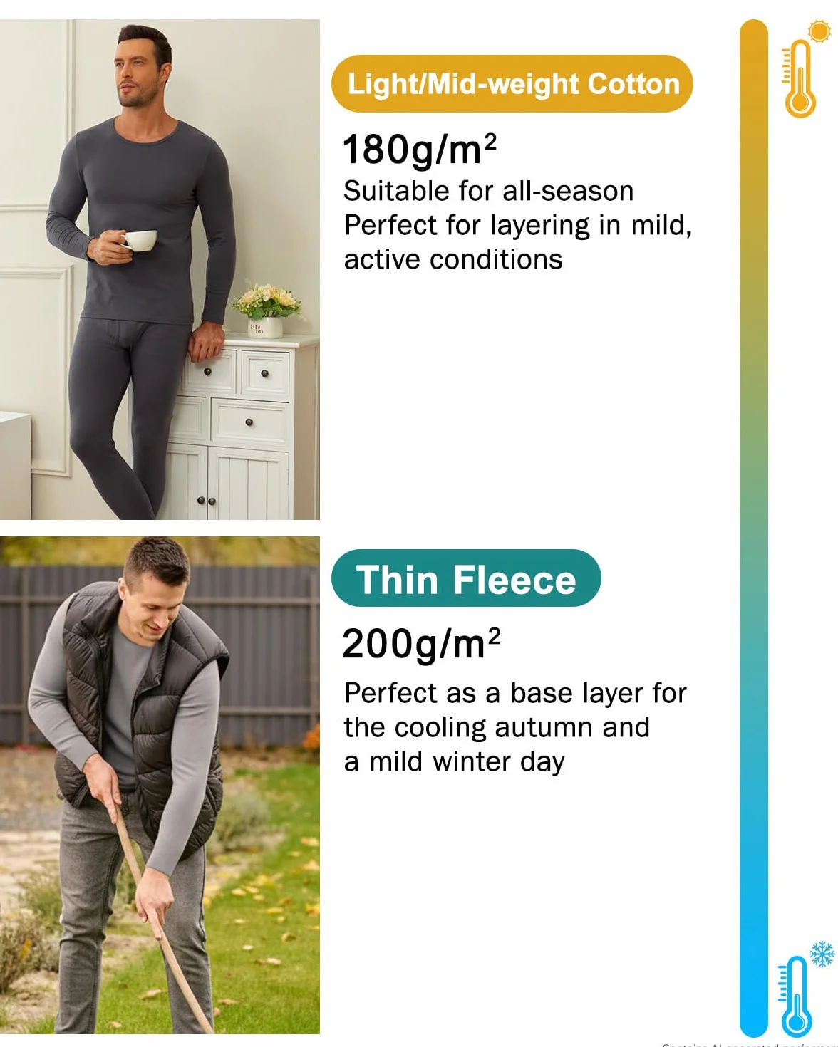 wirarpa Set di Intimo Termico Uomo Cotone - Maglia a Maniche Lunghe Leggera e Pantaloni da Pigiama